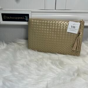 New Women’s Virginia Wolf Contemporary Woven Faux Leather Metallic Gold Clutch